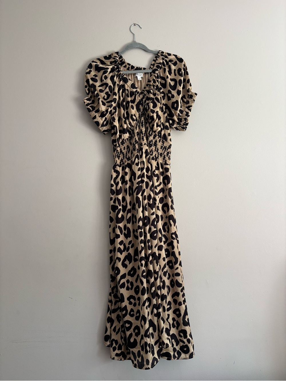 Leopard Print Maxi Dress with Smocked Waist - Beige/Black